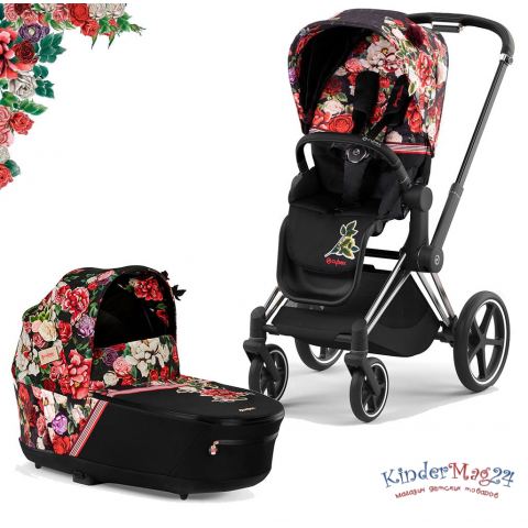 Коляска 2 в 1 Cybex Priam 4 Spring Blossom Dark шасси Chrome Black